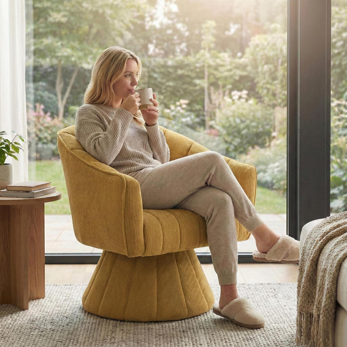 DREHSTUHL Drehsessel Loungesessel mit Polsterung,360°,Cord,Gelb - Gelb, Textil (70/72/66cm) - LVHOM