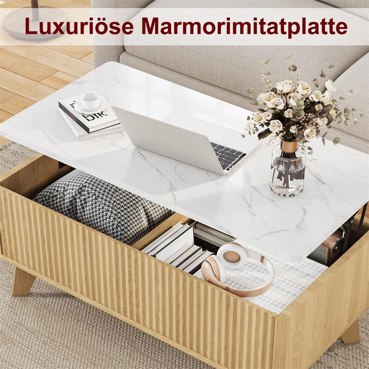 COUCHTISCH in weißer Marmoroptik - Rechteckiger Couchtisch mit Lift-Funktion Stauraum und Holzbeinen - Eichefarben, Holzwerkstoff (53/105/42cm) - DELFA