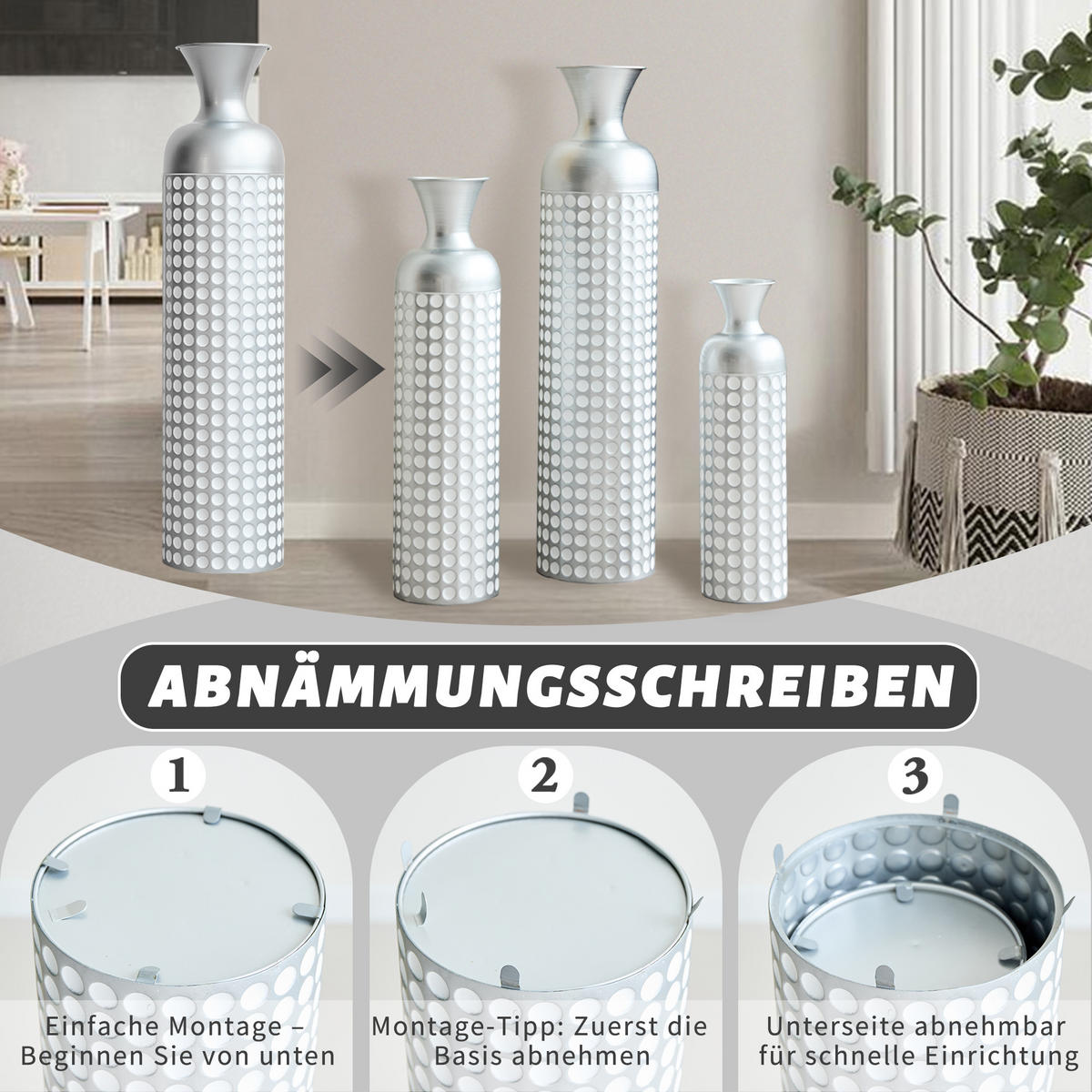 BODENVASE 3-tlg 49,5-84cm Metall-Bodenvase Silber Hochglanz Dekovase Punktmuster - Silberfarben, Metall (24.5cm) - Raelunyi
