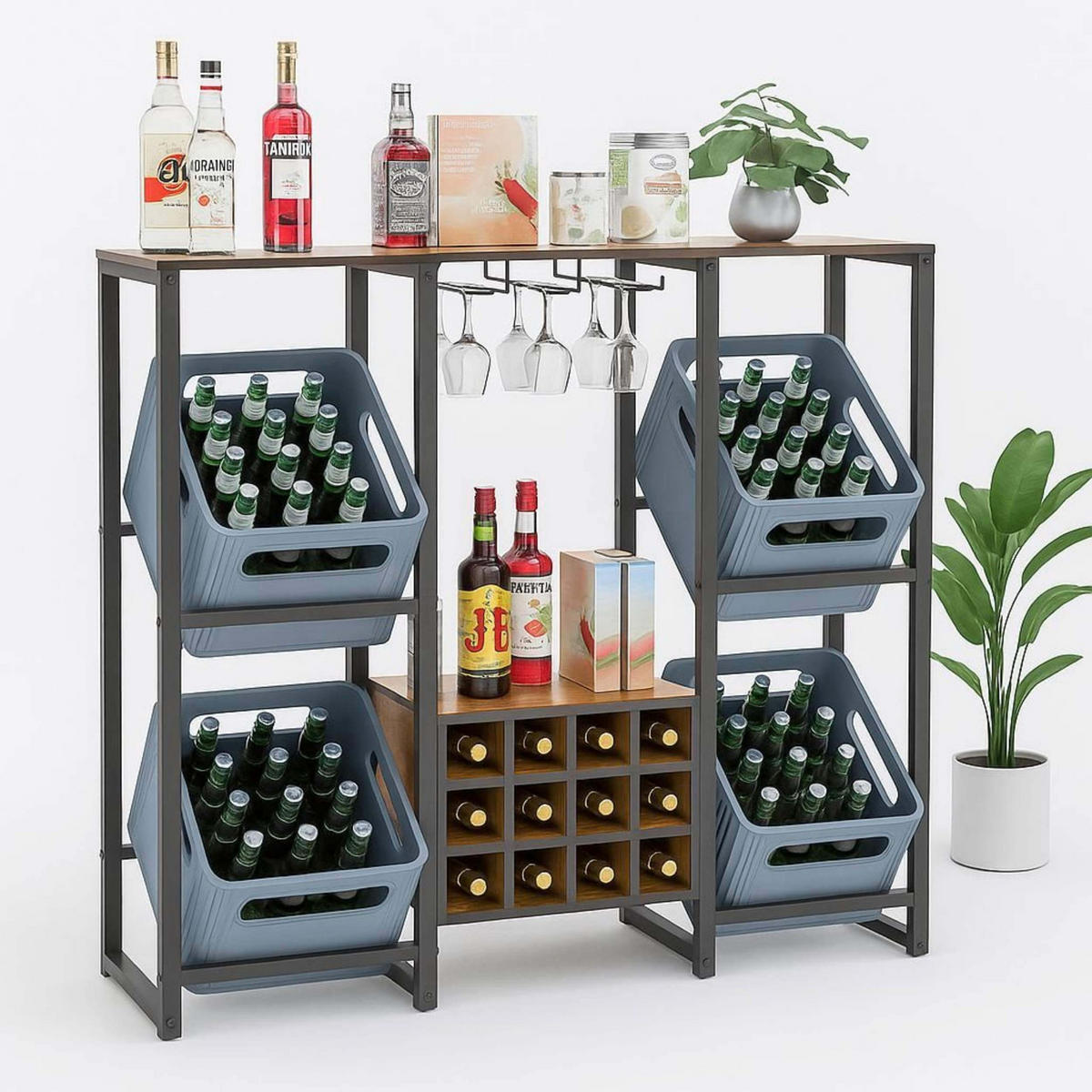 GETRÄNKEKISTENREGAL 4 Kisten mit Ablage Holzablage 96659 - Schwarz, Metall (116/112/32cm) - DanDiBo