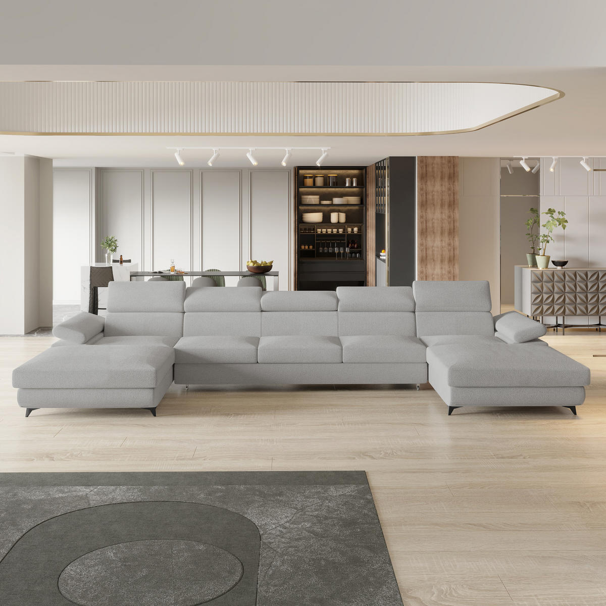 ROHOVÁ SEDAČKA VIVENTE světle šedá - černá/světle šedá, kov/dřevo (410/190cm) - MASSENO