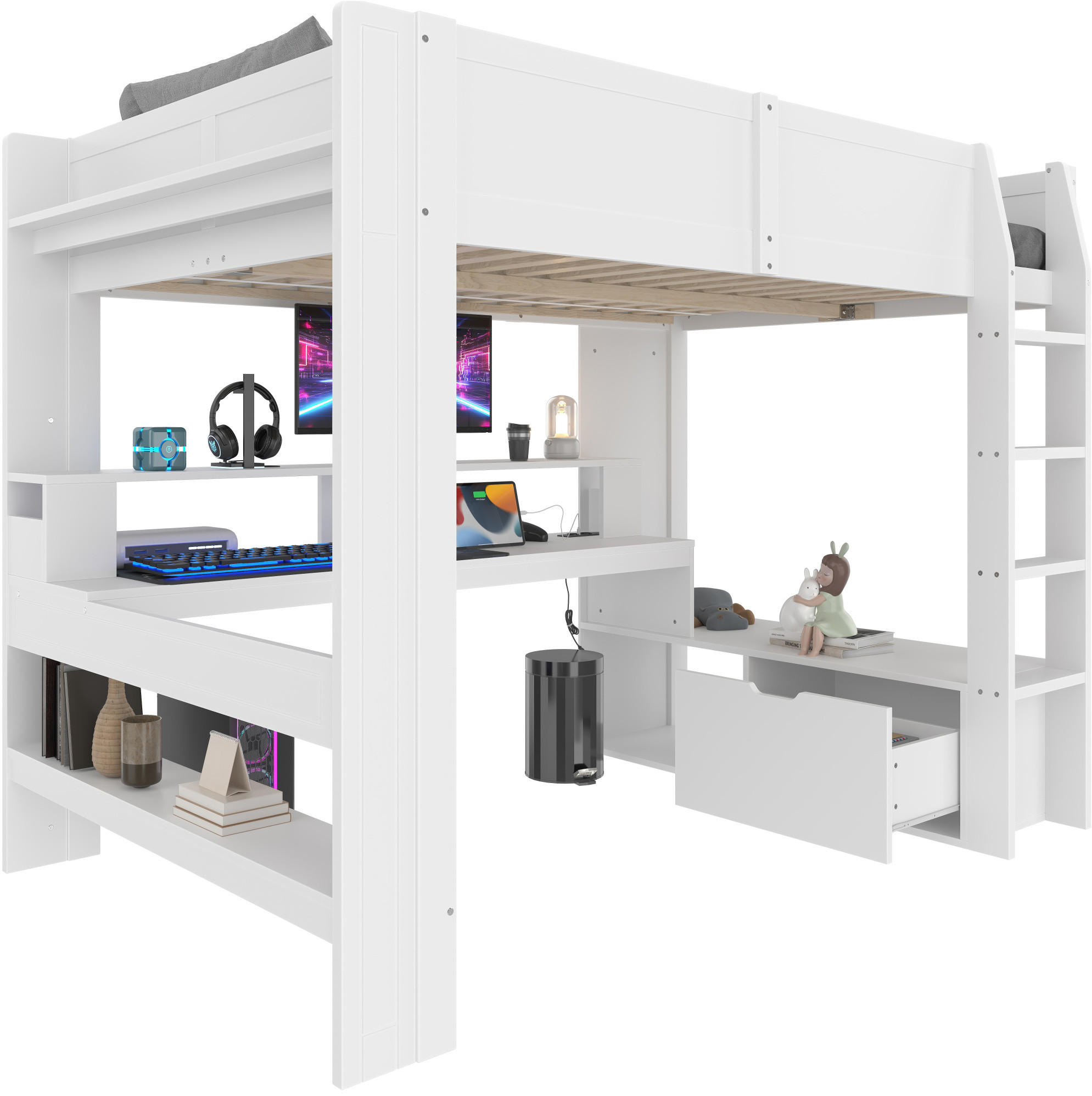 HOCHBETT 140/200 cm Weiß aus Kiefernholz und MDF mit Schreibtisch und LED-Beleuchtung - Weiß, Holz (140/200cm) - OKMYHOME