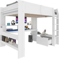 HOCHBETT 140/200 cm Weiß aus Kiefernholz und MDF mit Schreibtisch und LED-Beleuchtung - Weiß, Holz (140/200cm) - OKMYHOME