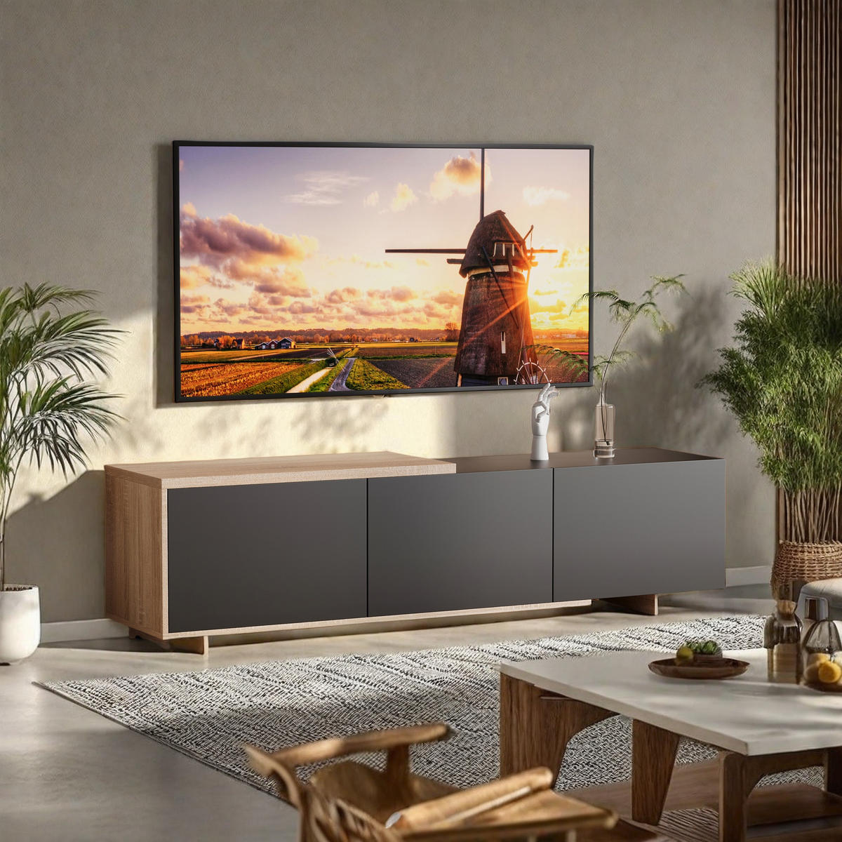 SVART utdragbar TV-skåp med LED-belysning och lådor - Svart, Träbaserade material (38/44/240cm) - SHOPENTRA