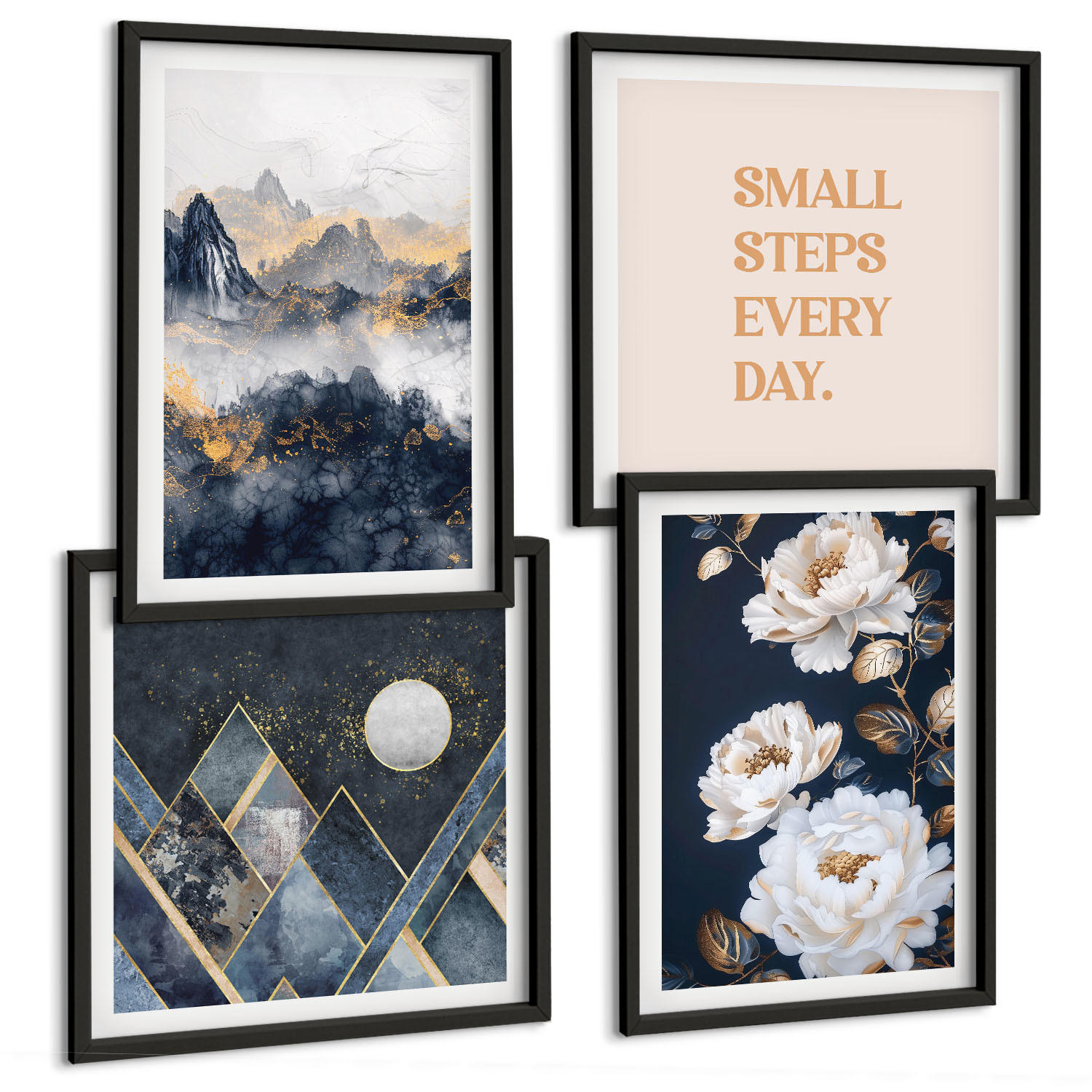 BILDER SET 4er Set - 50x50 cm & 40x60 cm Schwarzer Rahmen - Abstrakte Berge und Blumen Inspiration - Schwarz, Kunststoff (50/50cm) - TULUP