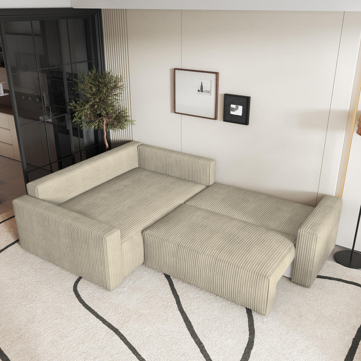 ECKSOFA ERONIS L-S Creme Kordstoff mit Schlaffunktion - Creme, Holz (265/194cm) - MASSENO