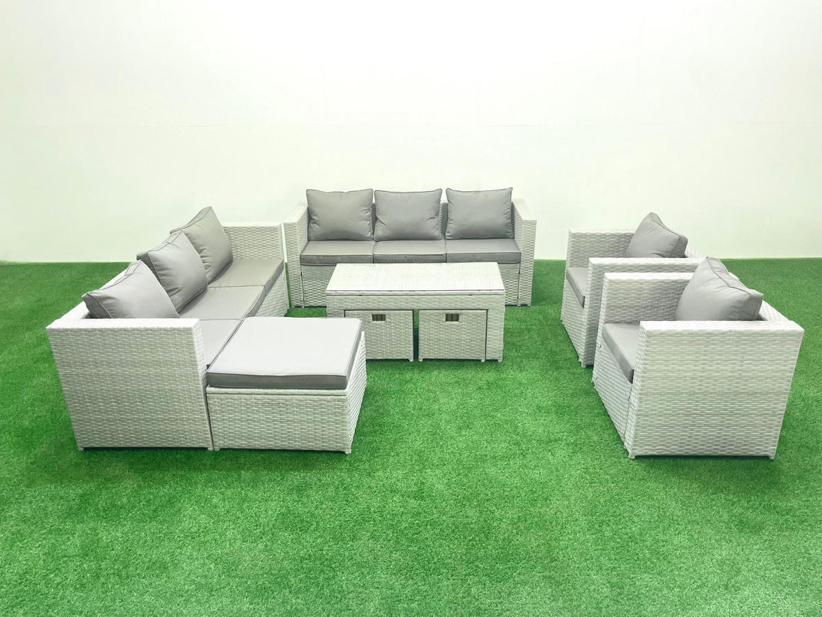 GARTENSOFA hohe Rückenlehne Polyrattan Hellgrau-Mix 11-Sitzer - Hellgrau/Grau, Glas/Kunststoff - Fimous