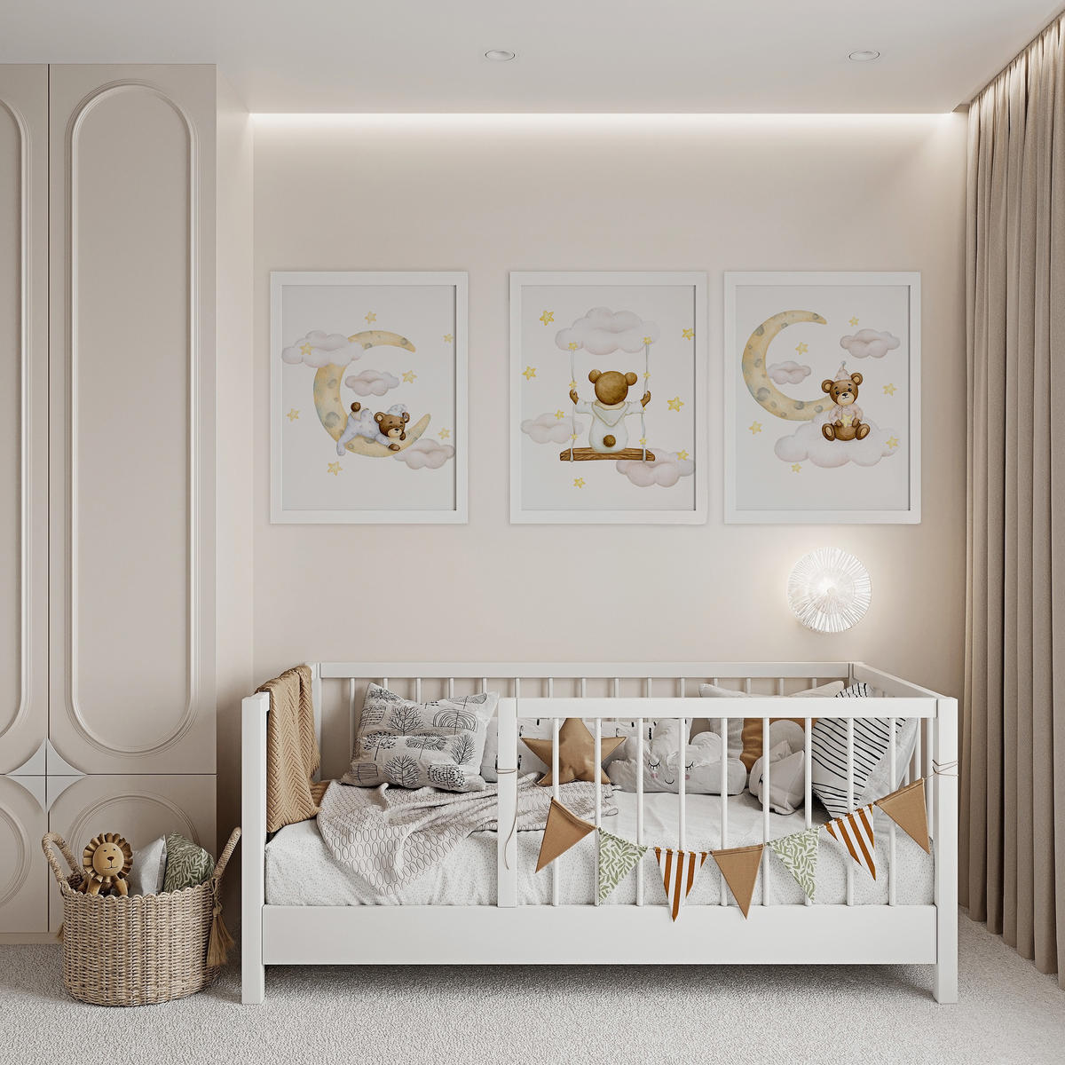 SADA PLAGÁTOV Do Detskej Izby Mackovia Mesiace Oblaky Hviezdy 3x Plagát A3 30 x 42 cm - hnedá/žltá, papier (30/42/1cm) - Muralo