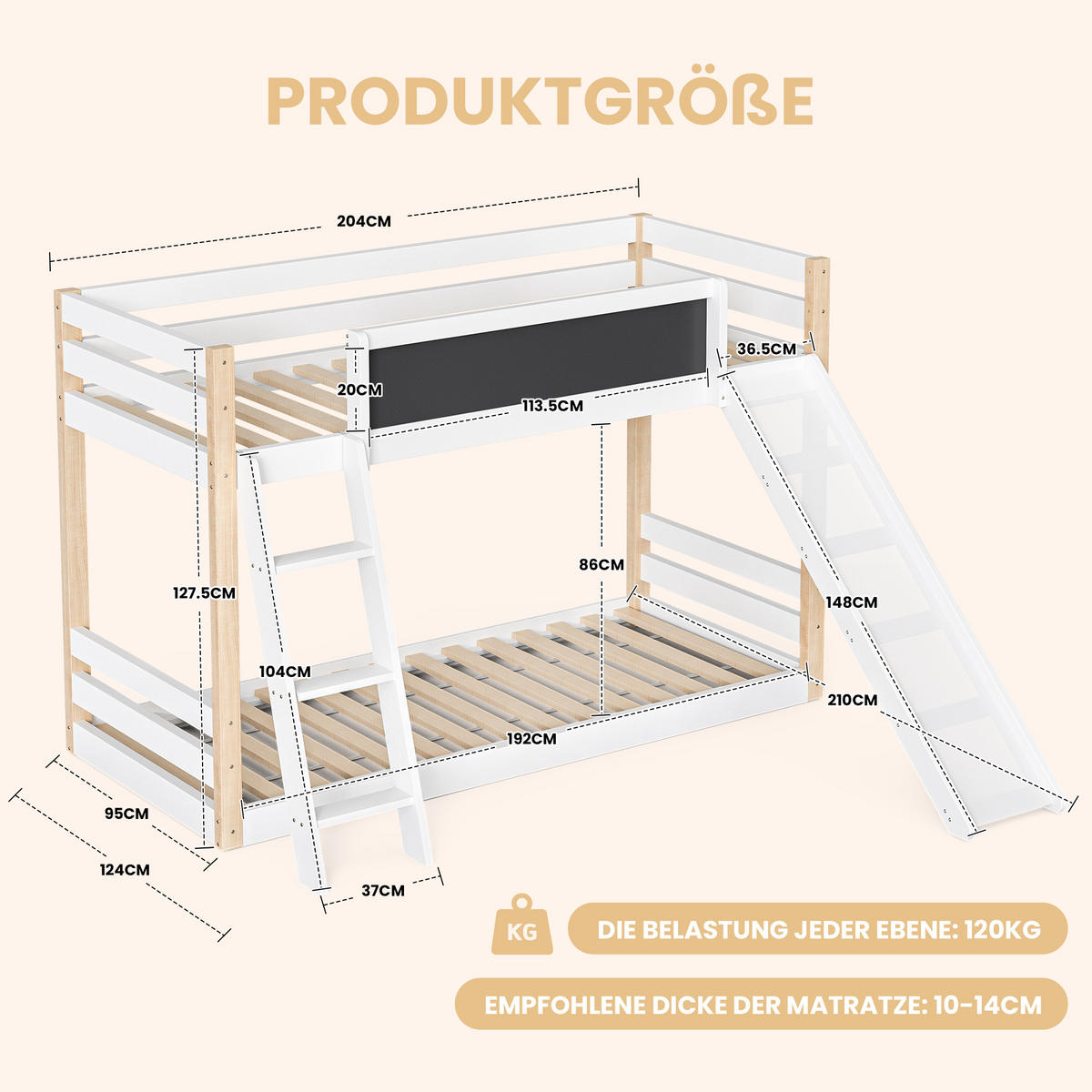ETAGENBETT 200 x 90cm in Weiß mit Treppe und Rutschen - Weiß, Holz (90/200cm) - KOMHTOM
