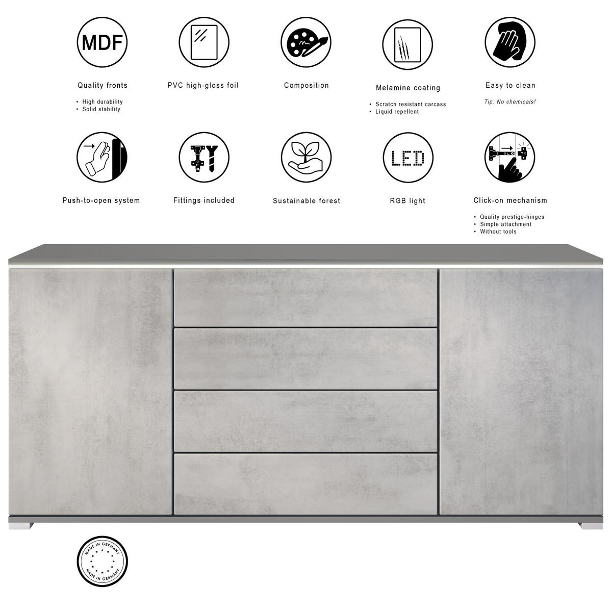 SIDEBOARD Faro Beton Oxid Optik - Hellgrau, Holzwerkstoff (166.5/75.5/35cm) - Vladon