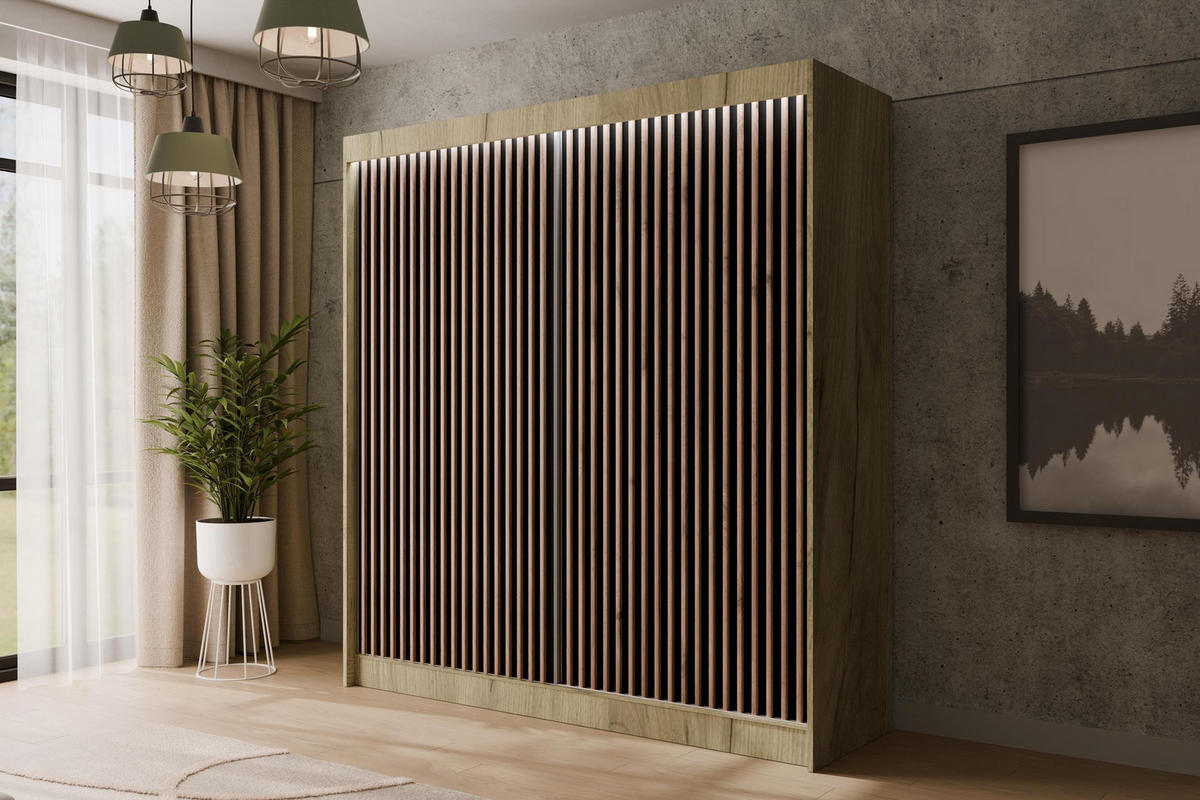 KLEIDERSCHRANK mit LED, Lamel-Schiebetüren VILANv2 - 200 cm Eiche Kraft + Lamelle Eiche Wotan - Hellbraun/Eiche Wotan, Holzwerkstoff (200/215/61cm) - ALTDECOR