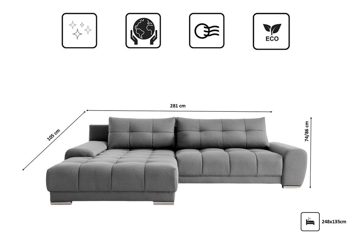 ECKSOFA WAVE Mit Schlaffunktion, Stoff SORO, Grau Links - Grau, Holz (105/281cm) - Kaiser Möbel