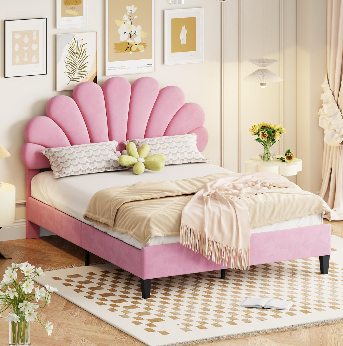 SAMT-POLSTERBETT 140/200 cm in Rosa mit blütenförmigem Kopfteil & Lattenrost - Rosa, Textil (140/200cm) - BEAOK