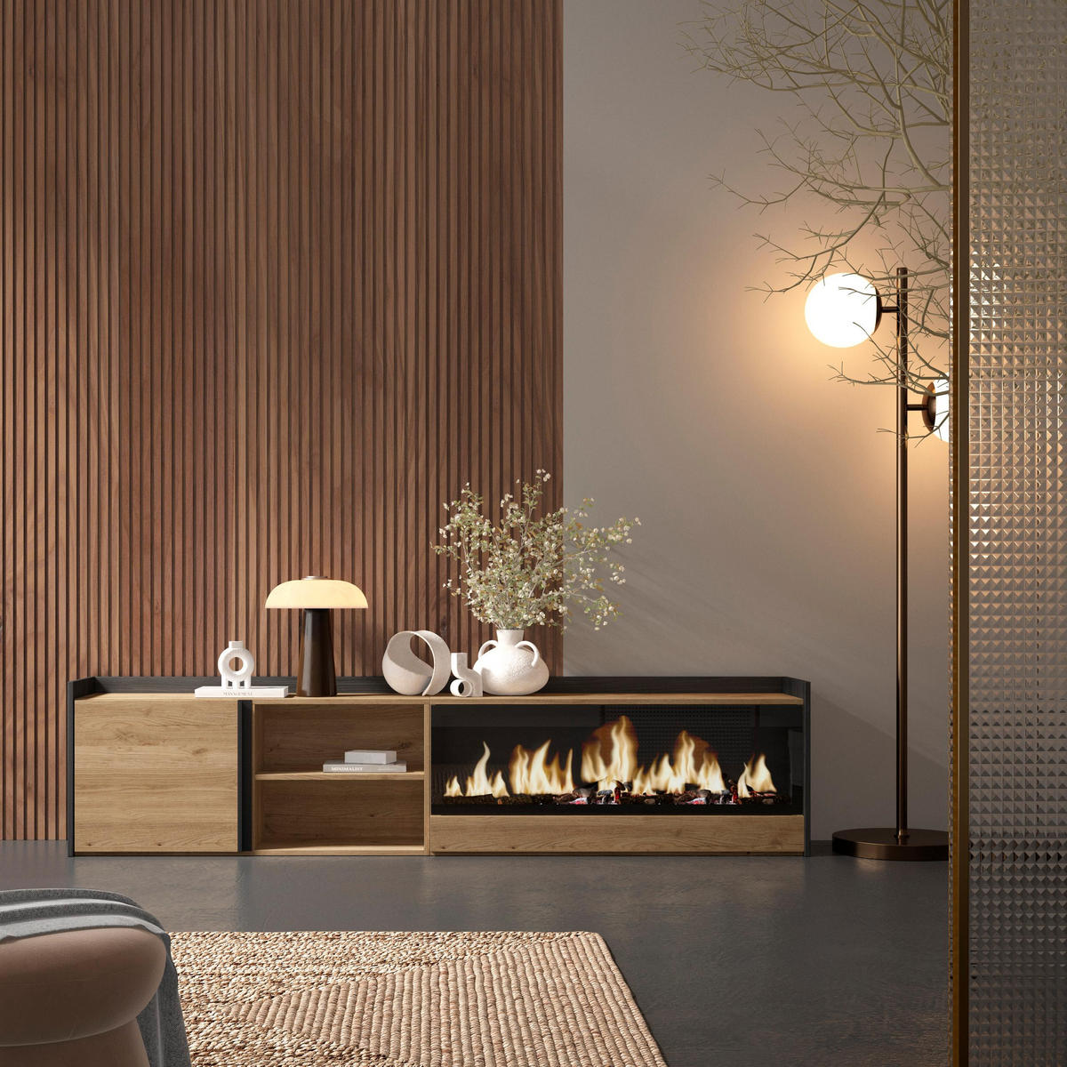 LOWBOARD, Eiche und Schwarz, 212/35/50cm, Kamin mit Feuereffekt XXL - Eichefarben, Holzwerkstoff (212/50/35cm) - Skraut Home