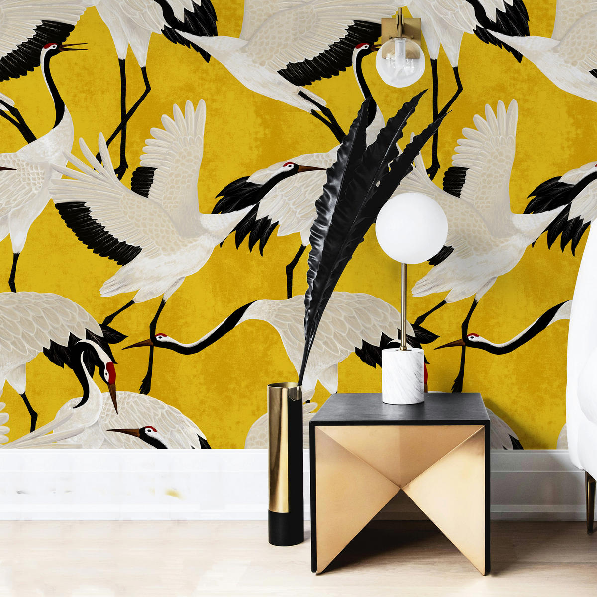 TAPETE Reiher aus echtem Papier, 200x280cm, 8 Bögen - Goldfarben, Papier (200/280cm) - WALLPAPERS4BEGINNERS
