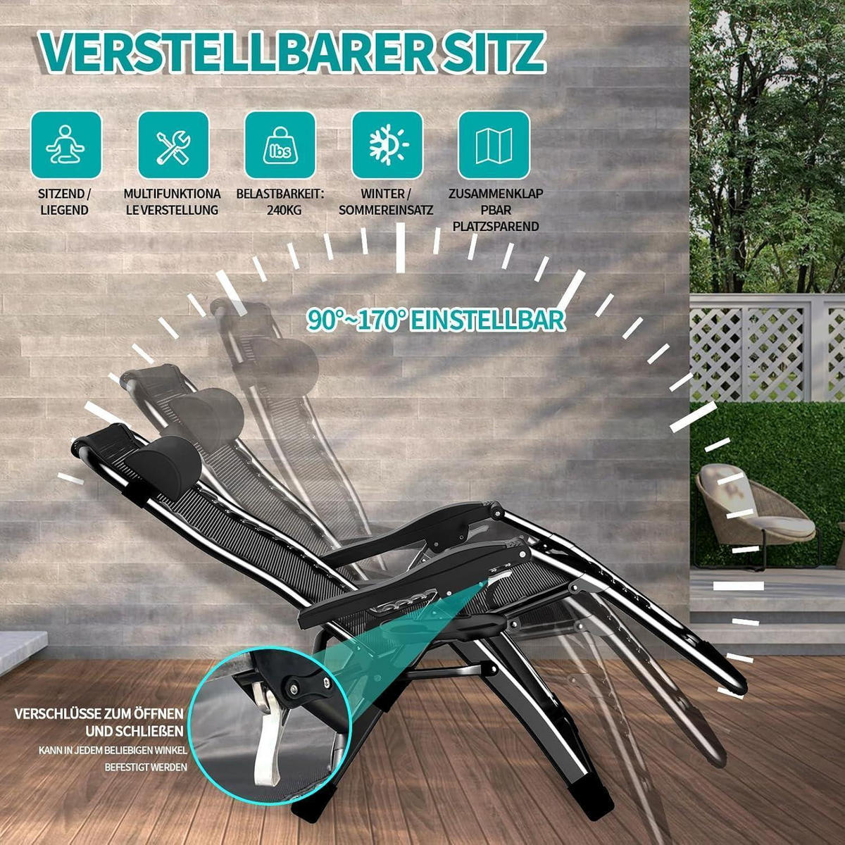 LIEGESTUHL Klappbar 72 cm Schwarz - Schwarz, Textil (72/93/53cm)