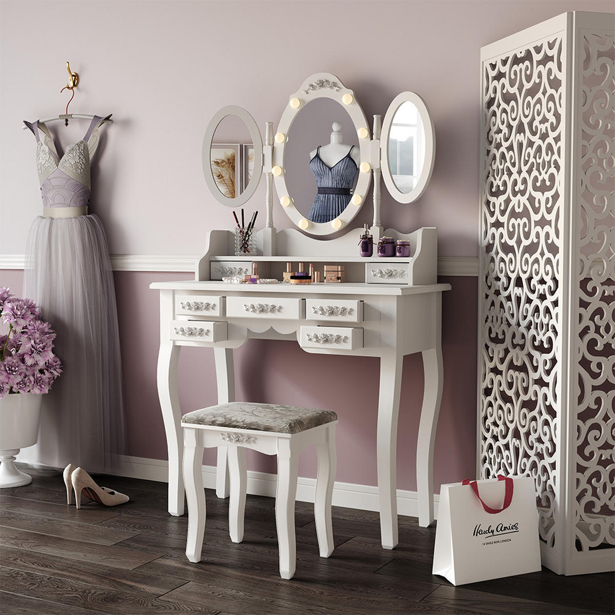 SCHMINKTISCH Diana Weiß 90 cm mit Beleuchtung und Hocker - Weiß, Holzwerkstoff (90/147/40cm) - Vicco