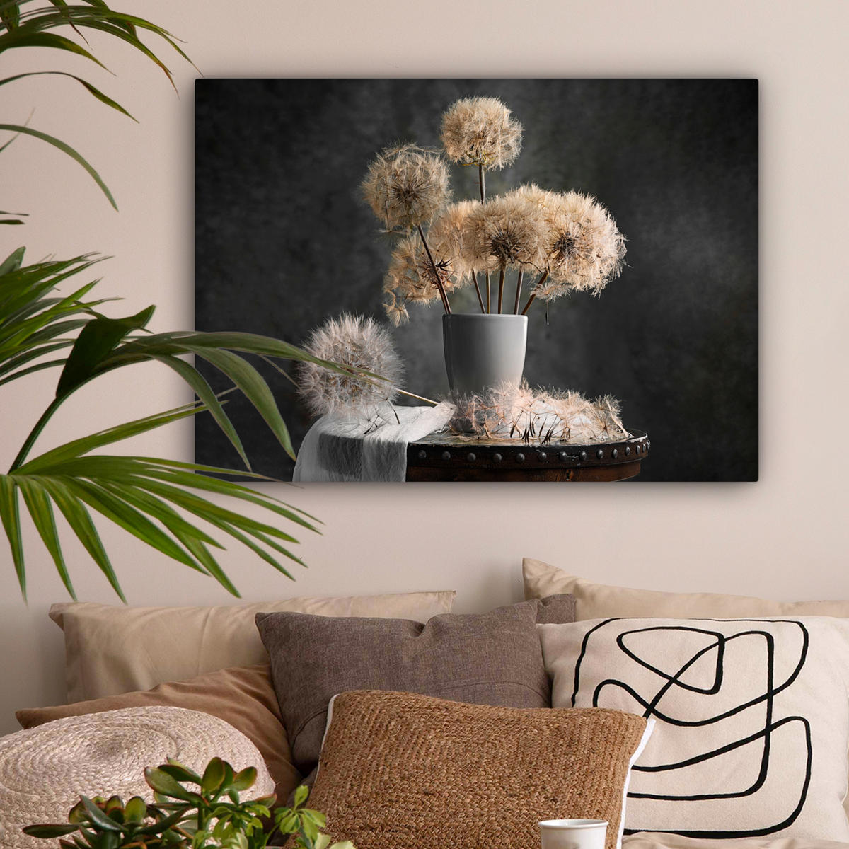 LEINWANDBILD Blumensamen - Löwenzahn - Vase - Stilleben - Blumenstrauß Wandbilder 80x60 cm - Dunkelgrau, Textil (80/60cm) - MuchoWow