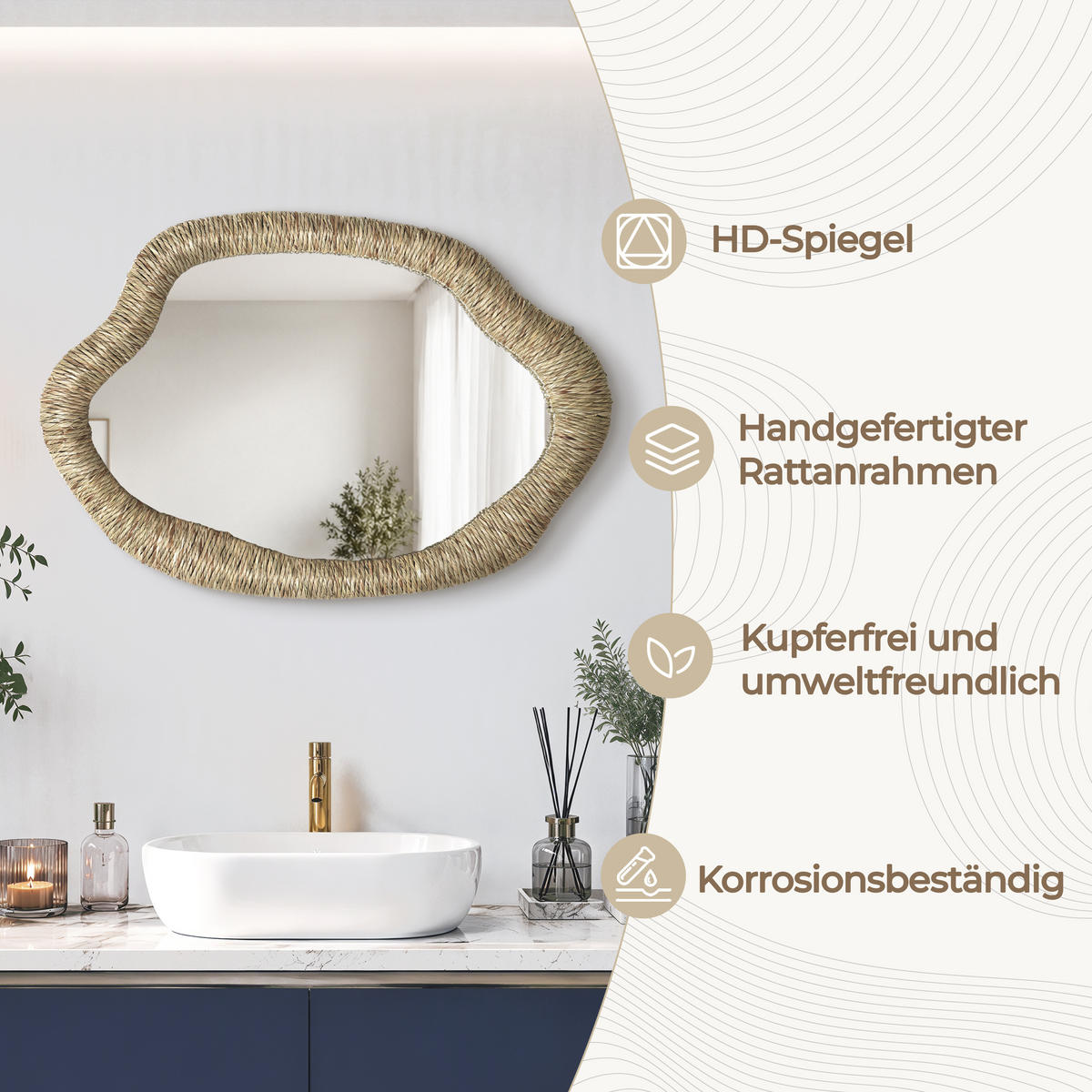 50CM Wandspiegel HTA0407 - Dunkelgelb, Naturmaterialien (3.5/75/50cm) - Hometopia