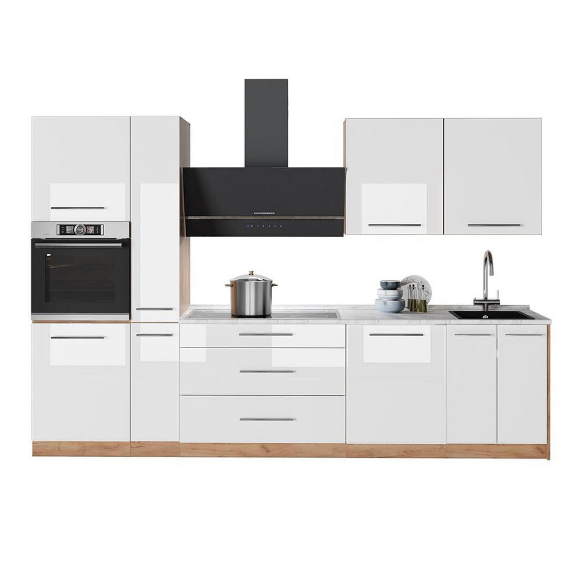 KÜCHENZEILE Fame-Line, Weiß Hochglanz/Goldkraft Eiche, 310 cm ohne Arbeitsplatte - Honigeiche/Weiß Hochglanz, Holzwerkstoff (310/206.8/51.6cm) - Vicco
