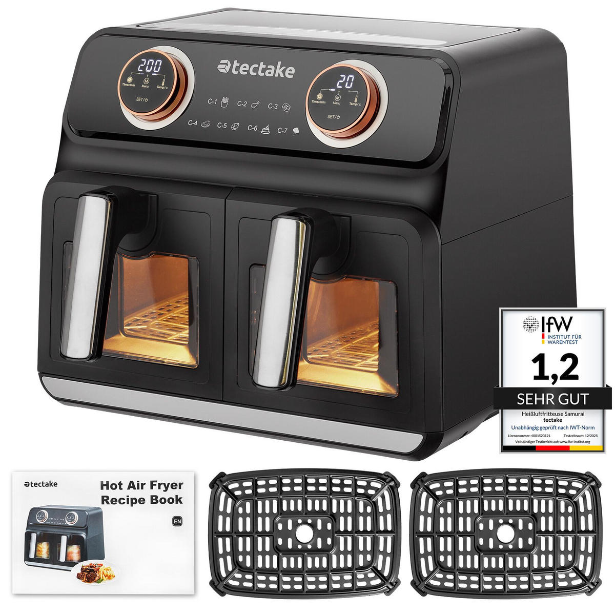 HEISSLUFTFRITTEUSE Samurai, 37,5 x 39 x 31,5 cm, inklusive Rezeptheft, schwarz - Schwarz, Kunststoff (37.5/31.5/39cm) - tectake