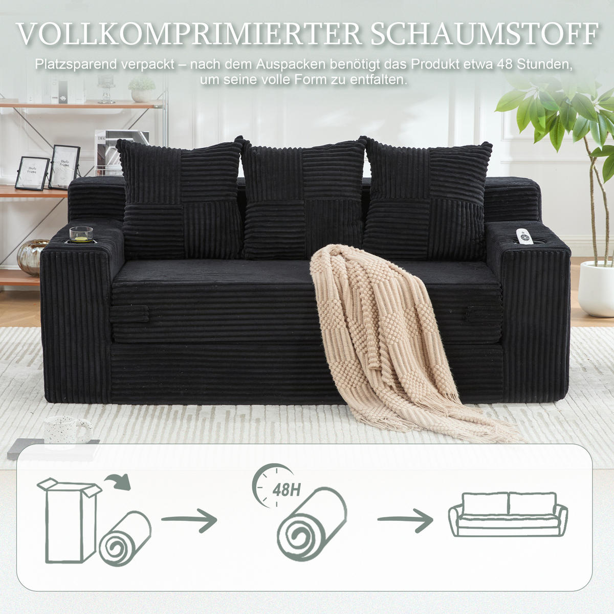 2-SITZER Bodensofa ausklappbar, Getränkehalter/Seitentaschen, Cord, Schwarz - Schwarz, Textil (172/64/87cm) - LVHOM