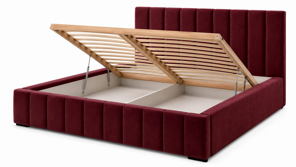 MARPUR Polsterbett NERO 180x200 cm mit Bettkasten und Lattenrost, Bordeaux - Chromfarben/Bordeaux, Holz/Holzwerkstoff (180/200cm) - Marpur