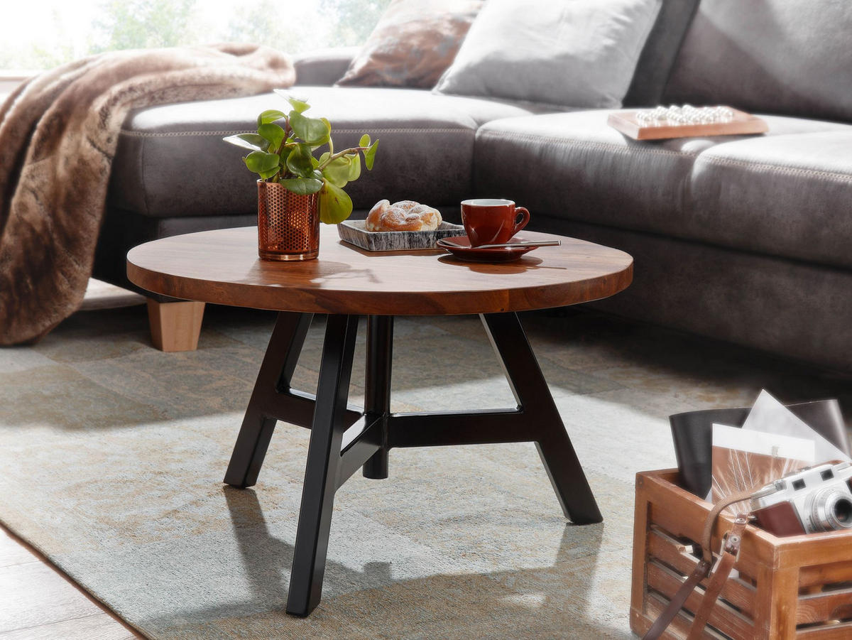 COUCHTISCH aus Sheesham Massivholz mit Metallgestell, Maße 60x60x35 cm - Schwarz/Braun, Holz/Metall (60/60/35cm) - KADIMA DESIGN