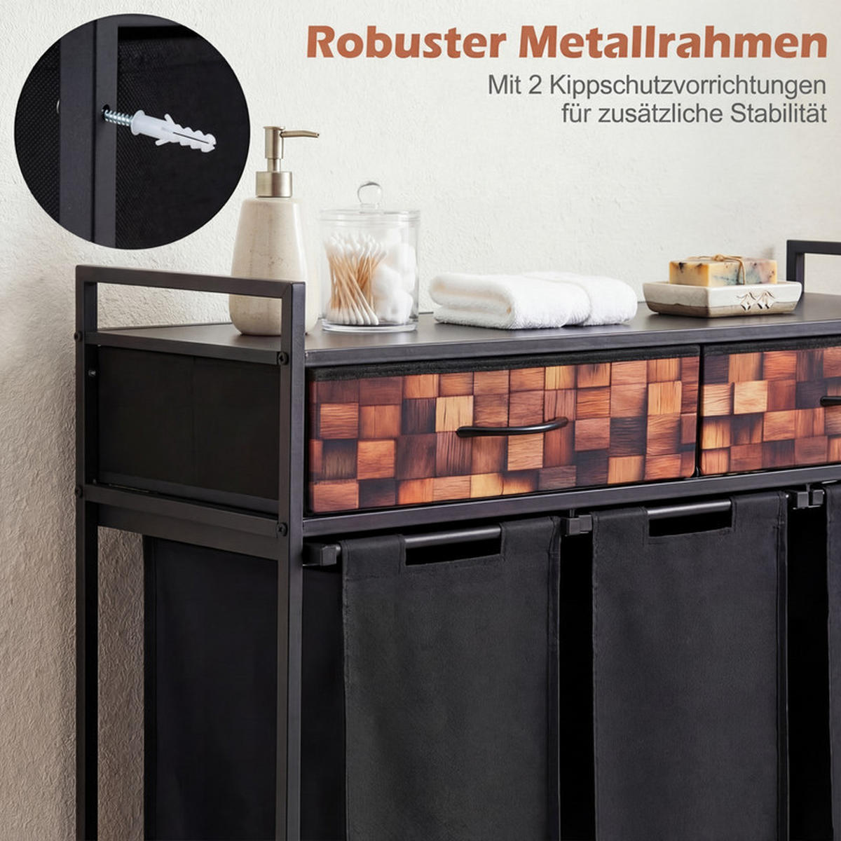 WÄSCHEKORB mit Wäschesäcken schwarz - Schwarz, Metall (92.5/93.5/33cm) - COSTWAY