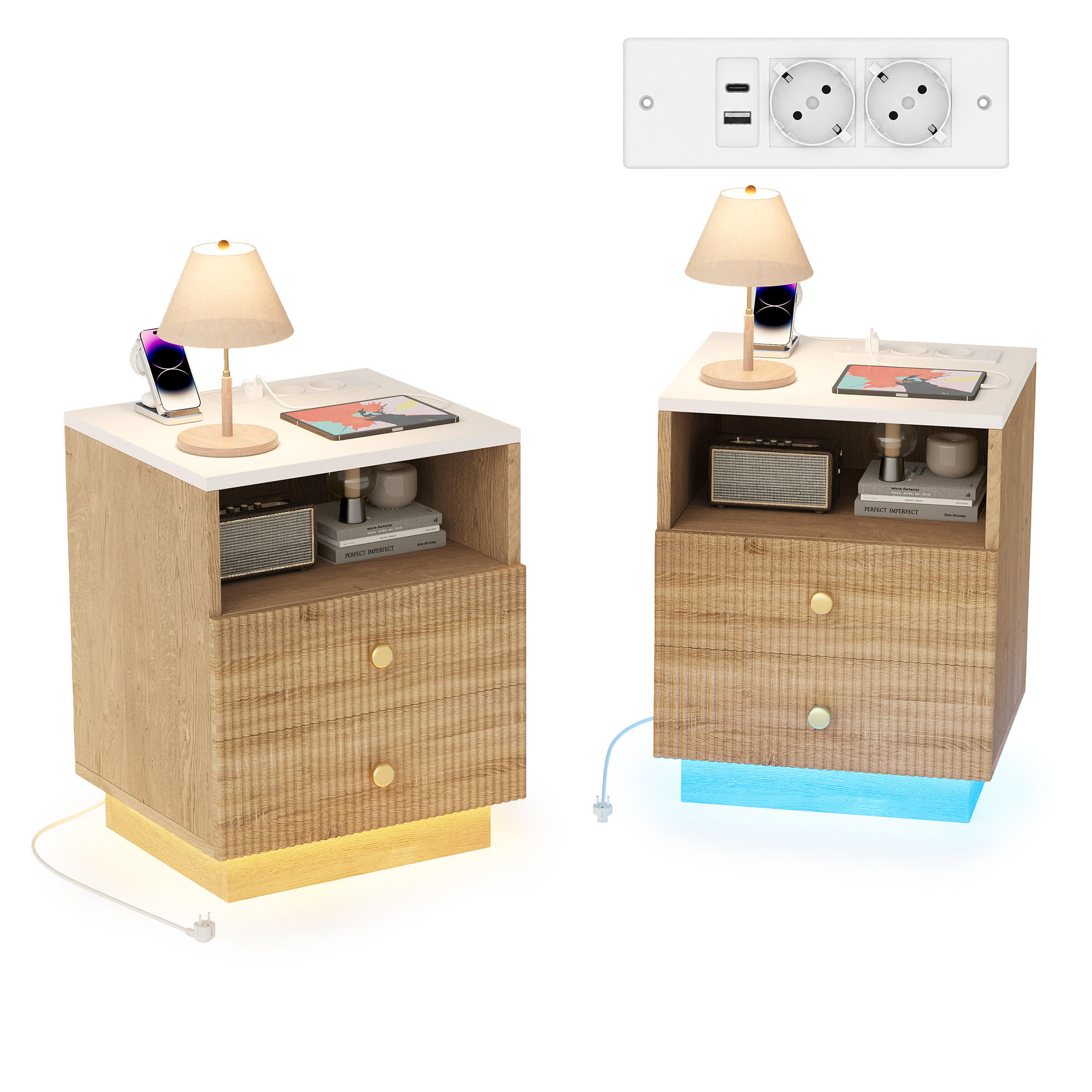 NOČNÍ stolek 2dílná sada se zásuvkou, LED, odkládací stolek, dřevěný, 2 zásuvky, USB - přírodní, dřevo (38/55/44cm)