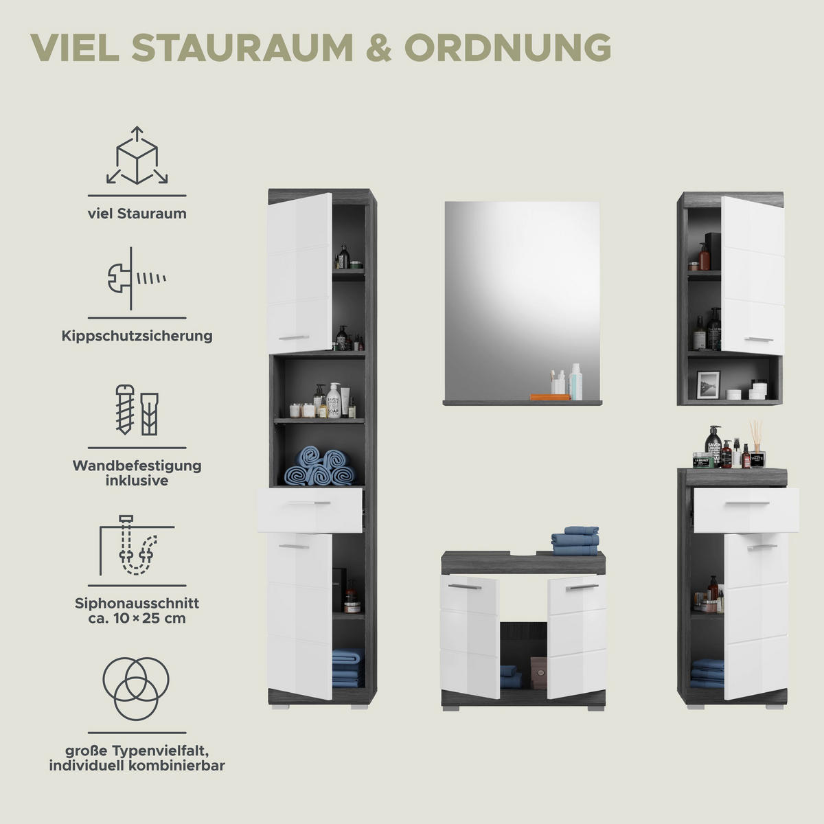 BADKOMBINATION 5tlg. Scout Bad in Rauchsilber Nachbildung und weiß hochglanz B/H/T: 164x191x34 cm - Anthrazit, Holz (164/191/34cm)