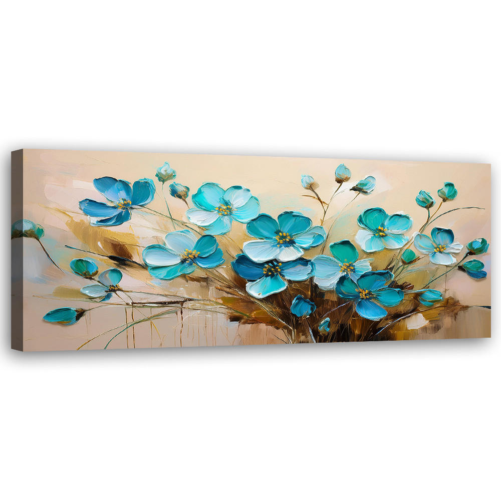 WANDBILD türkise blumen pflanzen naturstrauß - Türkis, Textil (90/30cm) - Feeby