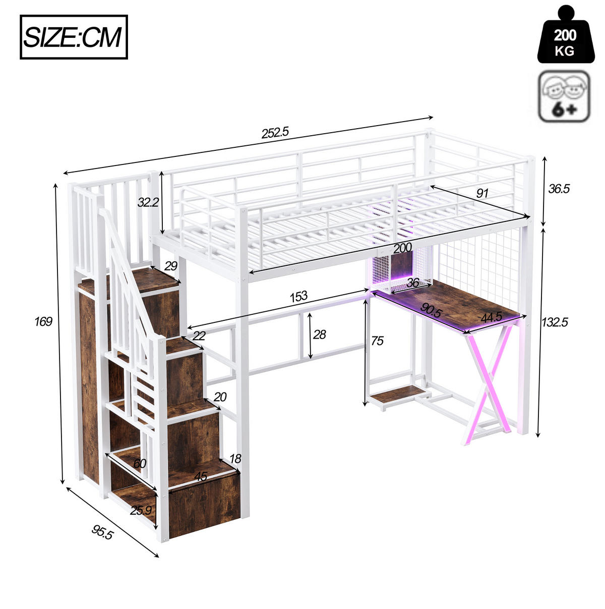 HOCHBETT 90/200 cm in Weiß – mit Schreibtisch, Kleiderschrank und Ablageleiter - Weiß, Metall (90/200cm) - BEAOK