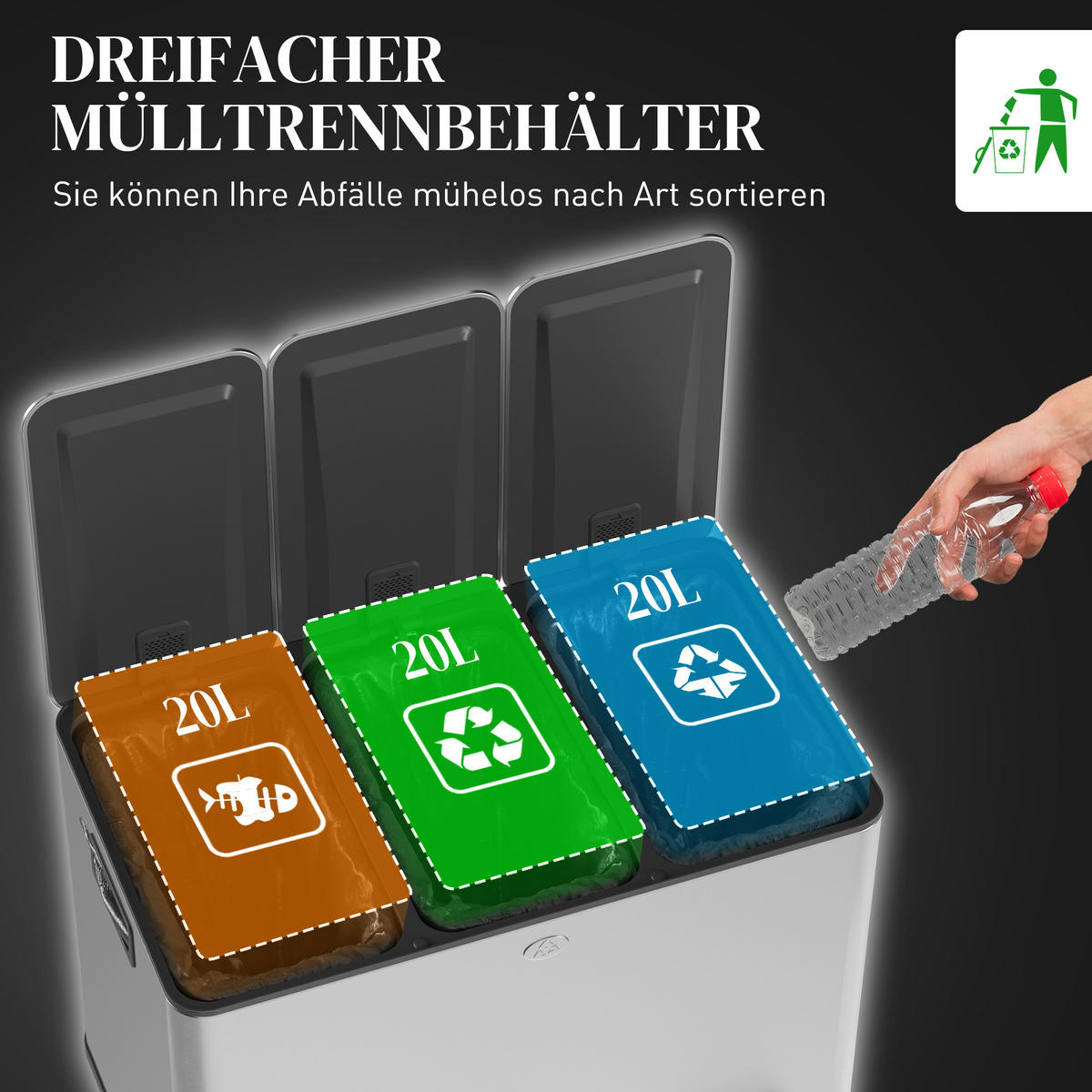 MÜLLEIMER 3x20L Abfalleimer aus Edelstahl mit Softclose Deckel Deodorant-Fächern - Silberfarben, Metall (36.6/56.7/61.9cm) - HOMCOM