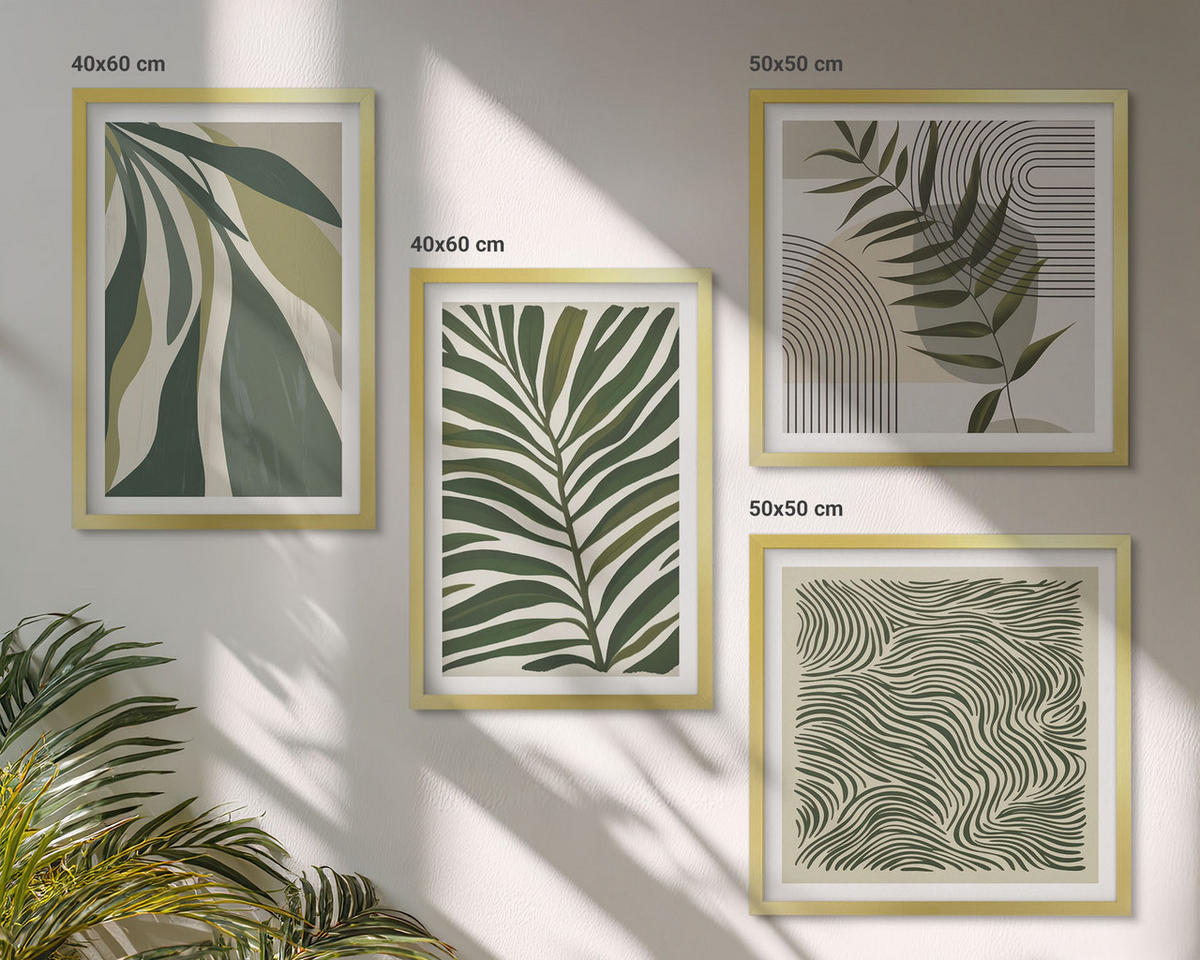 BILDER SET 4er Set - 50x50 cm & 40x60 cm Goldrahmen - Blätter, Wellen – Pastellillustrationen - Goldfarben, Kunststoff (50/50cm) - TULUP