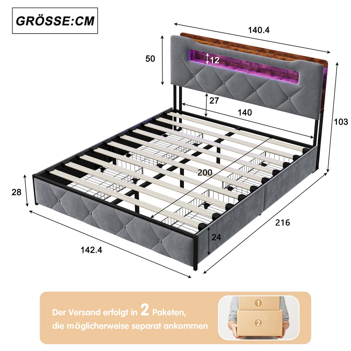 POLSTERBETT 140x200 cm Grau mit 4 Schubladen, LED Beleuchtung, Stauraum Kopfteil mit USB und Typ-C - Grau, Metall (140/200cm) - EuroLiving