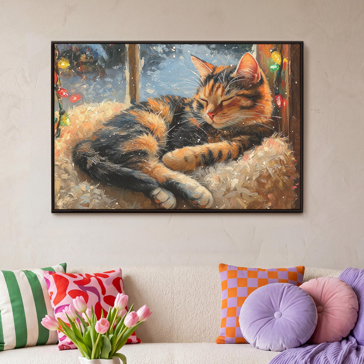 LEINWAND Bilder mit Rahmen - Katze - Weihnachten - Winter - Tier - 90x60 - Bernsteinfarben, Textil (90/60cm) - MuchoWow