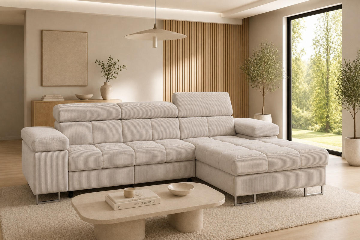 ECKSOFA COMODO Rechts mit Schlaffunktion & Bettkasten Greige - Greige, Textil (271/203cm) - KS Home Concept