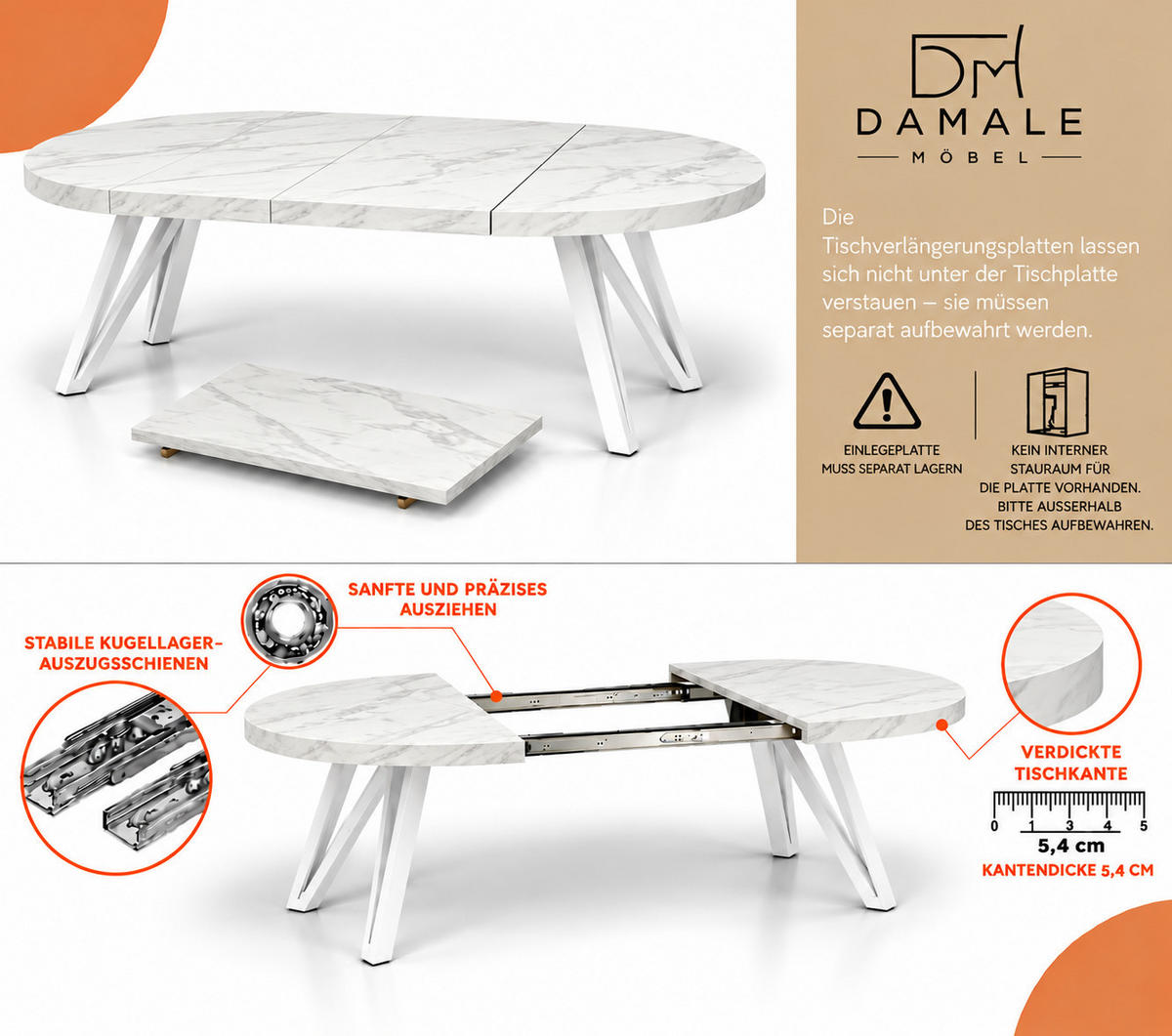 ESSTISCH rund ausziehbar 100/300/76 cm, Marmor, 54 cm Tischplatte + Industrial Metallgestell Weiß - Hellgrau/Weiß, Holzwerkstoff/Metall (100/300/76cm) - Damale Möbel