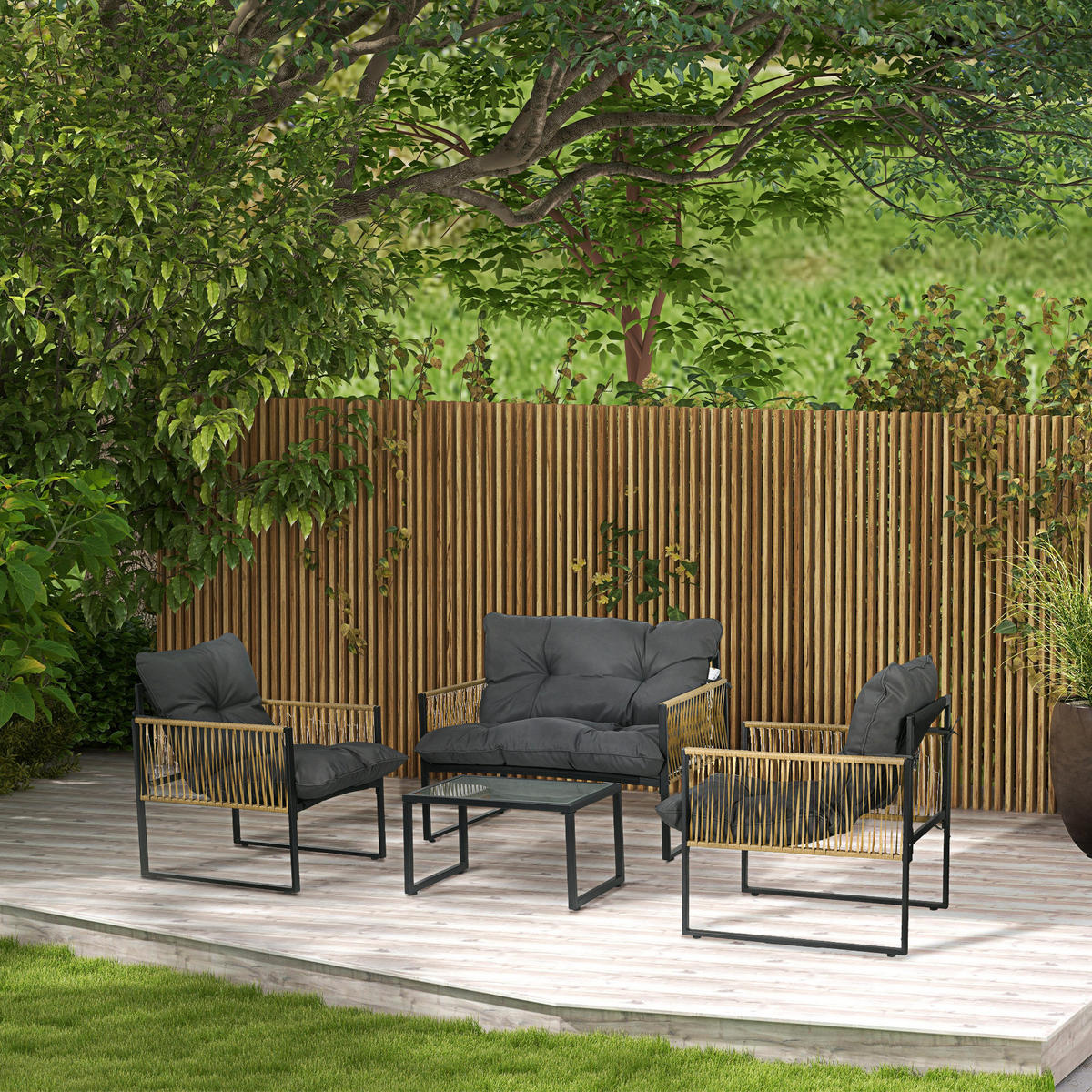 GARTENSET DE-13591 4-teilig mit Glastisch, 3 Kissen Grau - Grau, Metall - ComfortXL
