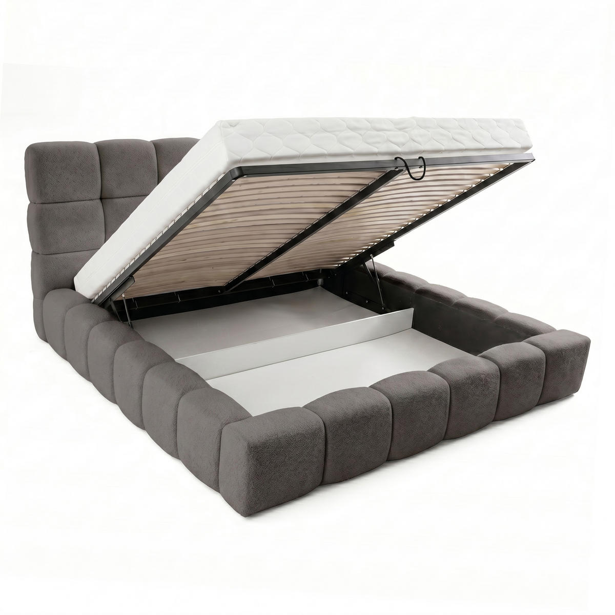 POLSTERBETT AMITY MAXI 200x200 cm in Olivgrün, gepolstertes Kopfteil, Lattenrost, Bettkasten, Bouclé-Stoff - Naturfarben/Olivgrün, Holz/Textil (200/200cm) - Muffo