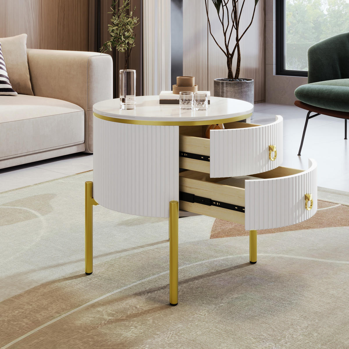 COUCHTISCH in Weiß mit Schubladen und goldenen Beinen für Wohnzimmer, B50/T50/H51 cm - Goldfarben/Weiß, Holzwerkstoff/Kunststoff (50/50/51cm) - STILVORA