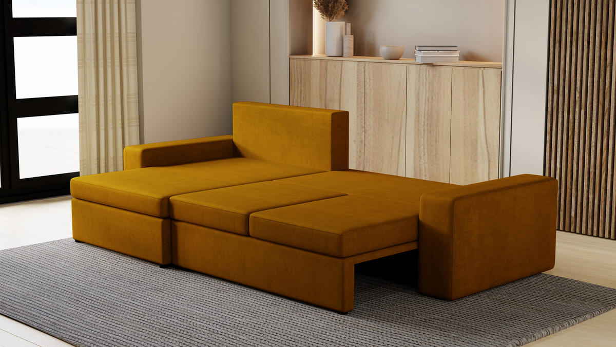 ECKSOFA Paco mit Bettkasten und Schlaffunktion, L-Form/XL-Form, Velourstoff, Universal - Currygelb, Holzwerkstoff (276/145cm) - 4ALL HOME