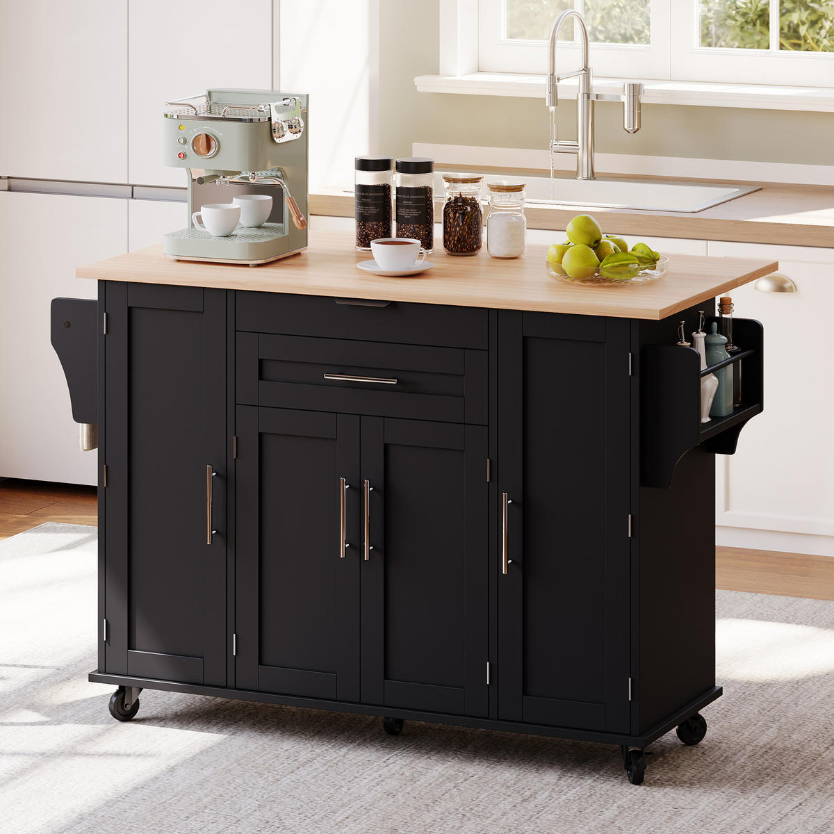 KÜCHENINSEL mobile 136 x 70 x 92 cm Schwarz/Natur MDF - Schwarz, Holz (70/92/136cm) - Beauniv