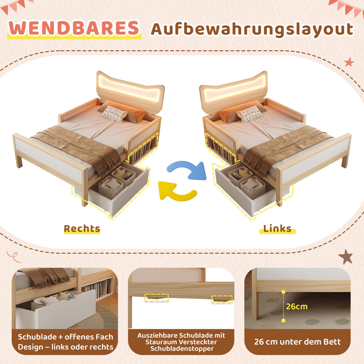 KINDERBETT 90/190 cm, Weiß/Eiche mit RGB-LED-Beleuchtung, Schublade, ohne Matratze - Weiß, Holz (90/190cm) - MIVRAY