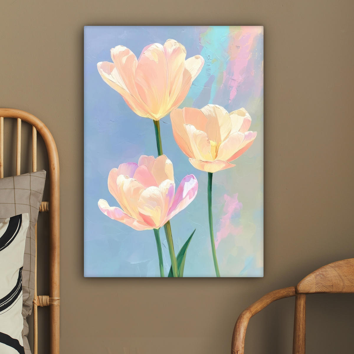 LEINWANDBILD Tulpen - Rosa Akzente - Blau Wandbild Wohnzimmer 60x80 cm - Pastellblau, Textil (60/80cm) - MuchoWow