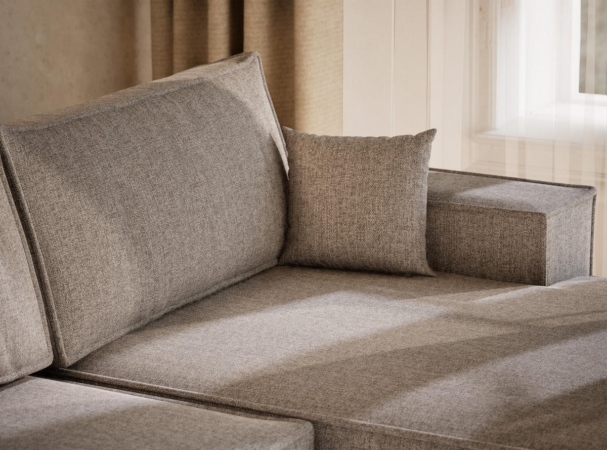 WOHNLANDSCHAFT Kyoto Beige grau Webstoff - Greige/Schwarz, Holz/Holzwerkstoff (398/70/148cm) - Maison de Reve