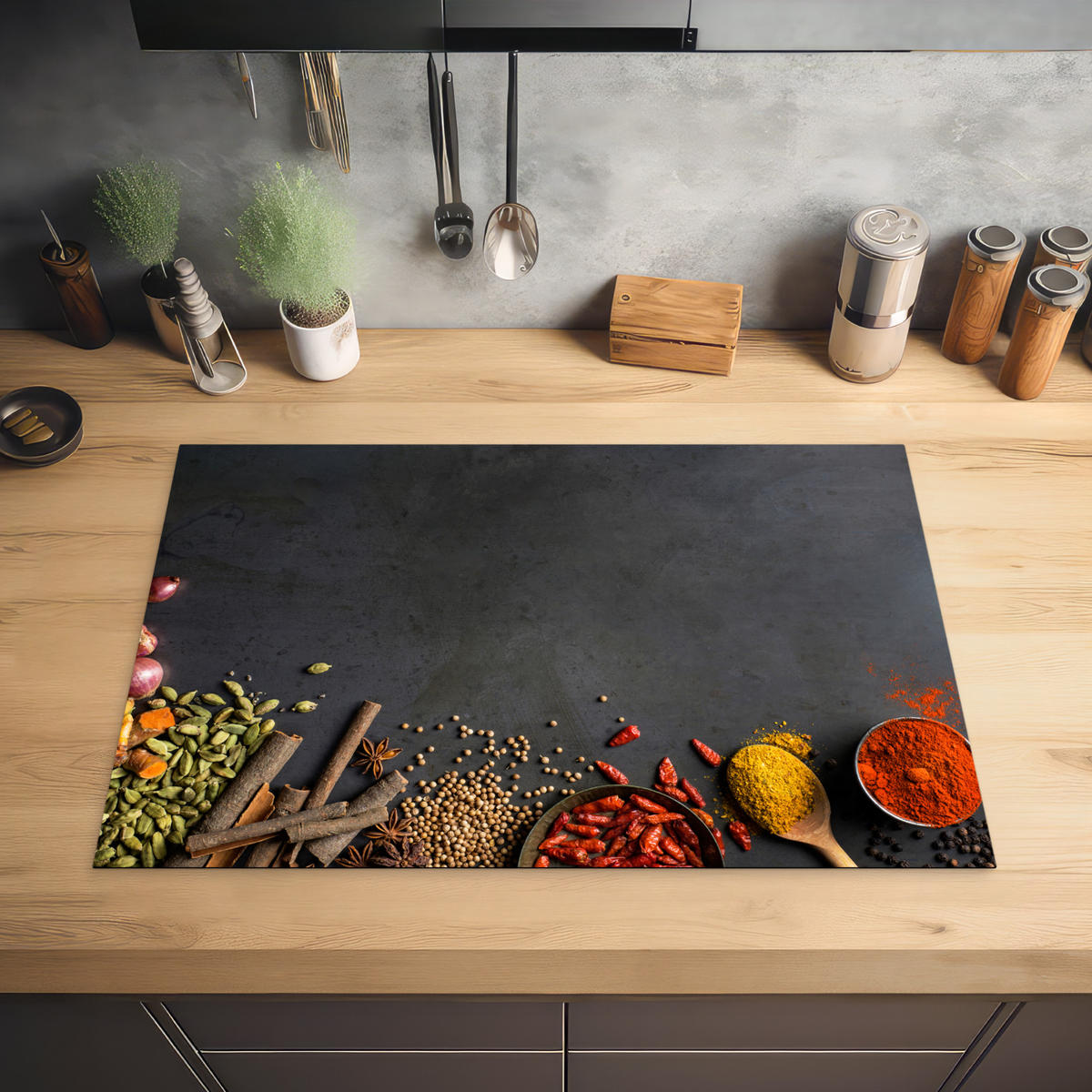 HERABDECKPLATTE - Kräuter - Lebensmittel - Gewürze - Schwarz - Paprika - Zimt - 75x50 - Currygelb, Kunststoff (75/50/0.2cm) - MuchoWow