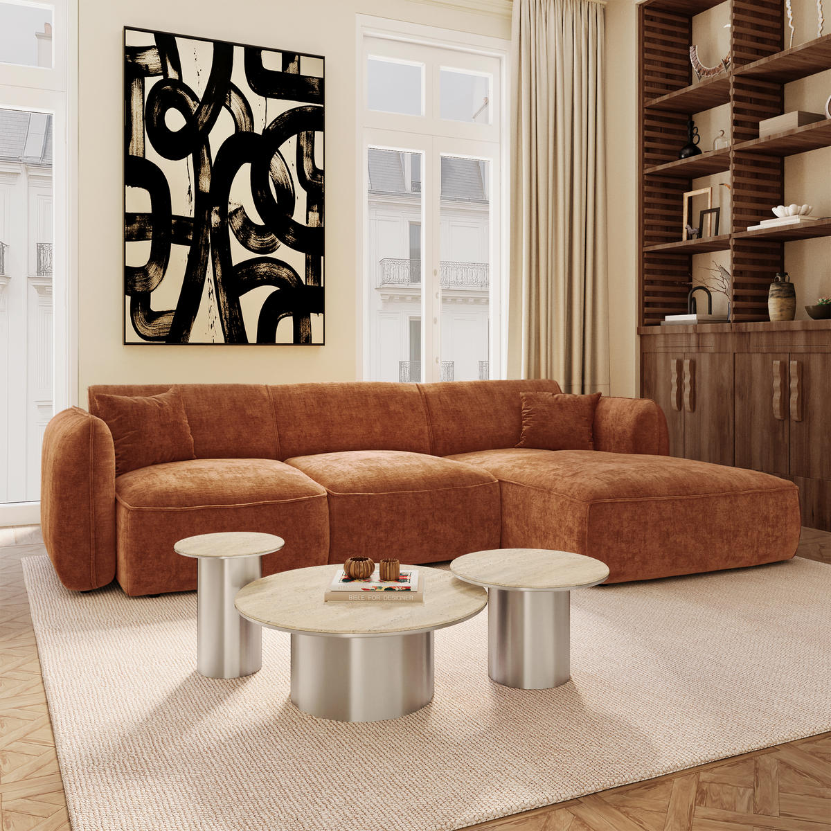ECKSOFA rechtwinklig LOMI Geprägter Samt Terrakotta 272cm - Dunkelorange/Terracotta, Textil (272/90cm) - Premium Interiors