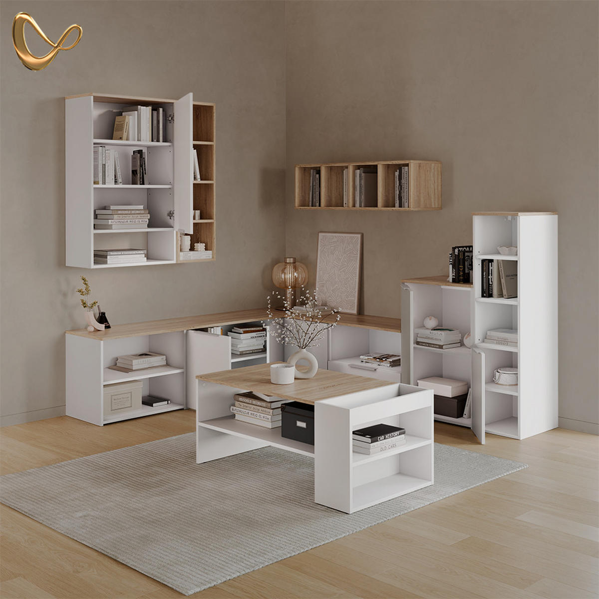 LOWBOARD Piave Weiß/Sonoma 60 x 50 cm mit 2 Fächern - Weiß/Sonoma Eiche, Holzwerkstoff (60/50/40cm) - Livinity®
